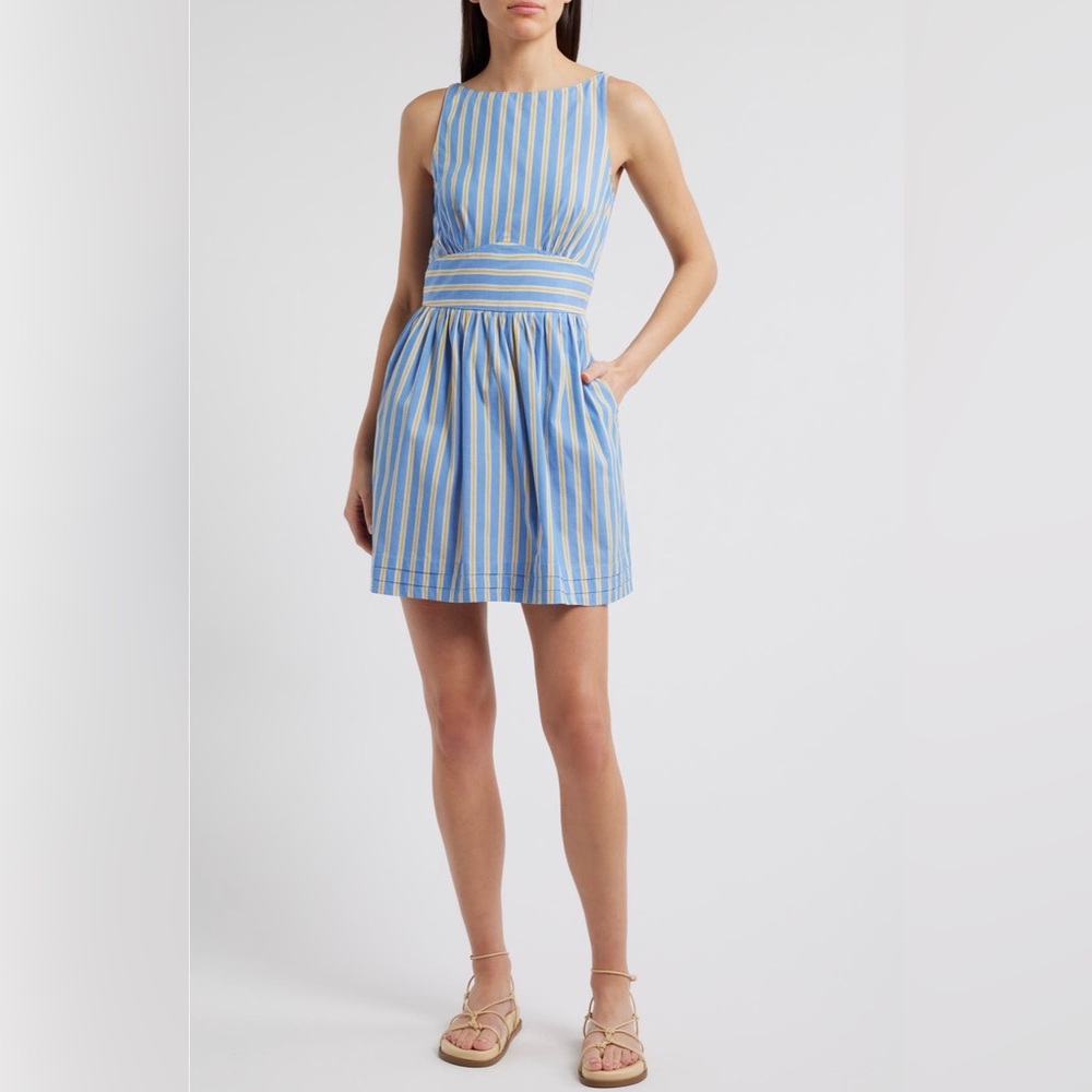 NWT Saylor Sleeveless Blue and Yellow Striped Sundress, Size Medium